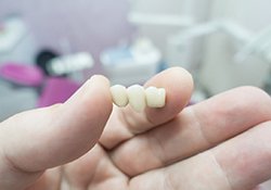 A dental technician working on a dental bridge