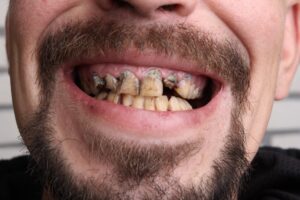 Man smiling with bad teeth. 
